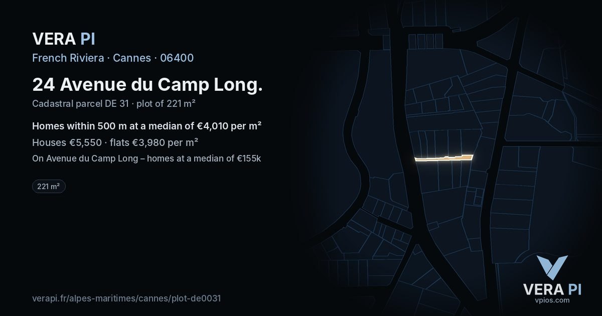 24 Avenue du Camp Long, Cannes at night – the plot lit, the parcels around coloured by the prices near them