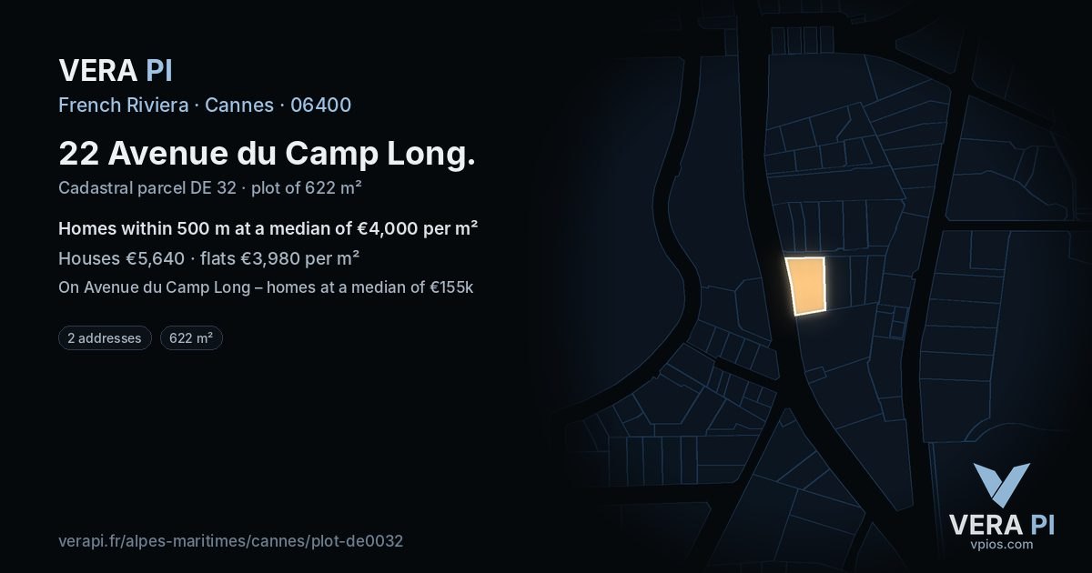 22 Avenue du Camp Long, Cannes at night – the plot lit, the parcels around coloured by the prices near them