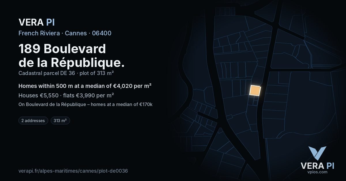 189 Boulevard de la République, Cannes at night – the plot lit, the parcels around coloured by the prices near them