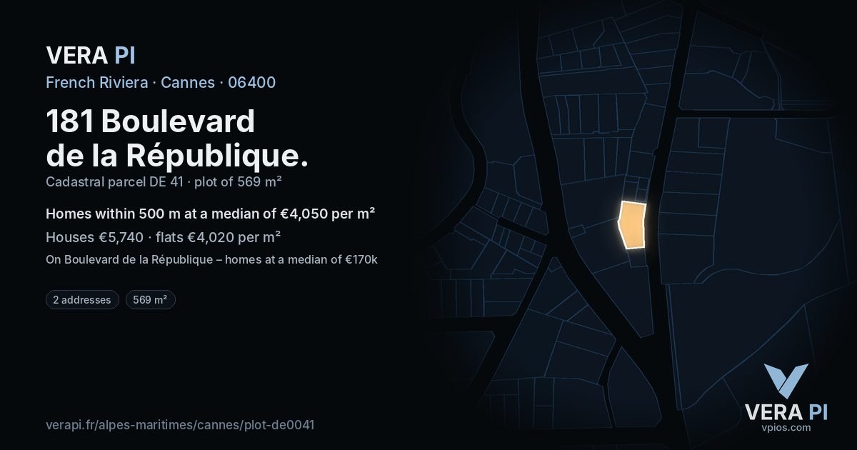 181 Boulevard de la République, Cannes at night – the plot lit, the parcels around coloured by the prices near them