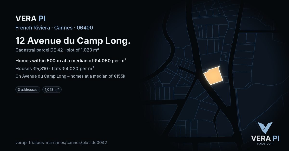 12 Avenue du Camp Long, Cannes at night – the plot lit, the parcels around coloured by the prices near them