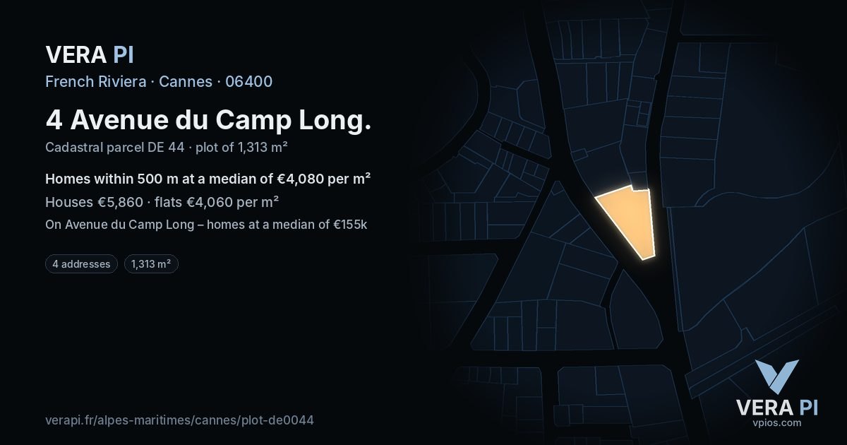 4 Avenue du Camp Long, Cannes at night – the plot lit, the parcels around coloured by the prices near them