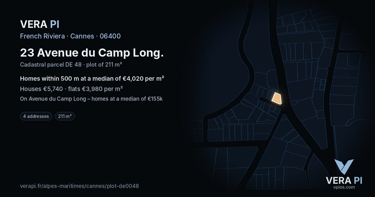 23 Avenue du Camp Long, Cannes at night – the plot lit, the parcels around coloured by the prices near them