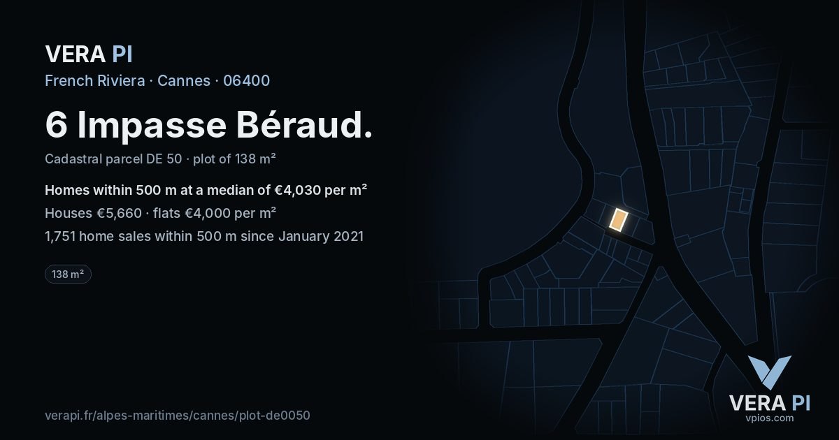 6 Impasse Béraud, Cannes at night – the plot lit, the parcels around coloured by the prices near them