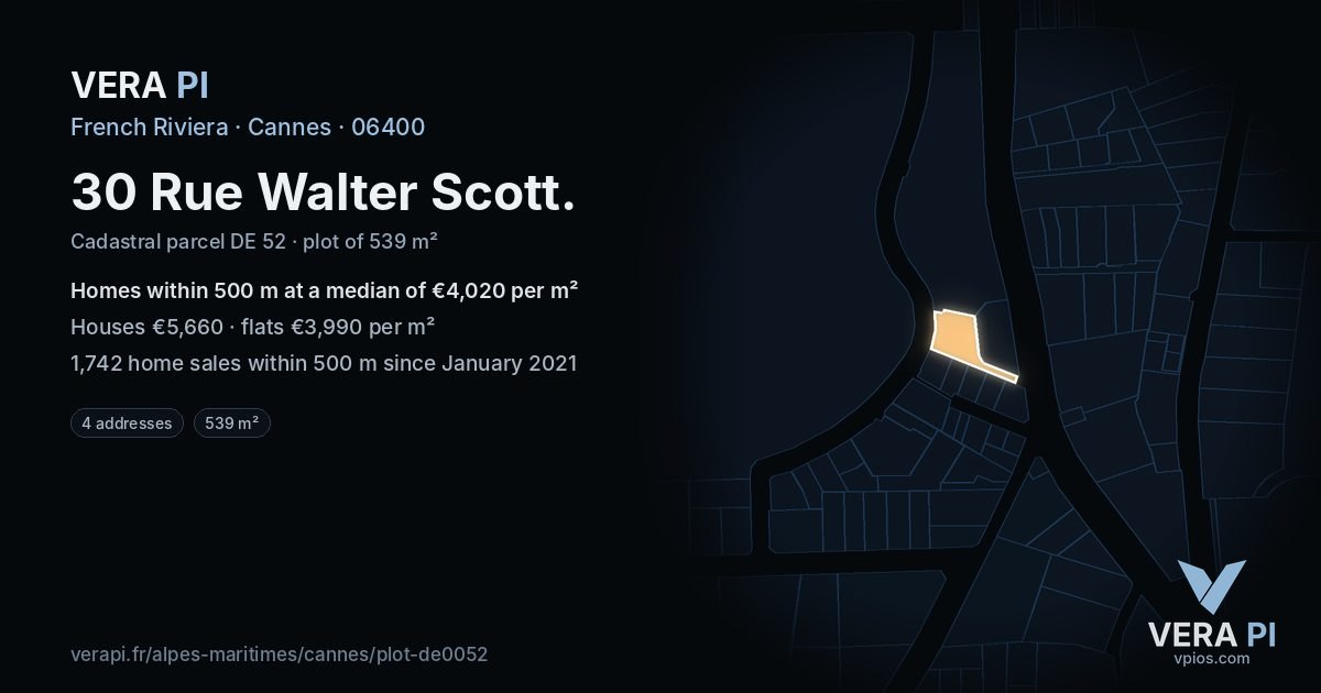 30 Rue Walter Scott, Cannes at night – the plot lit, the parcels around coloured by the prices near them