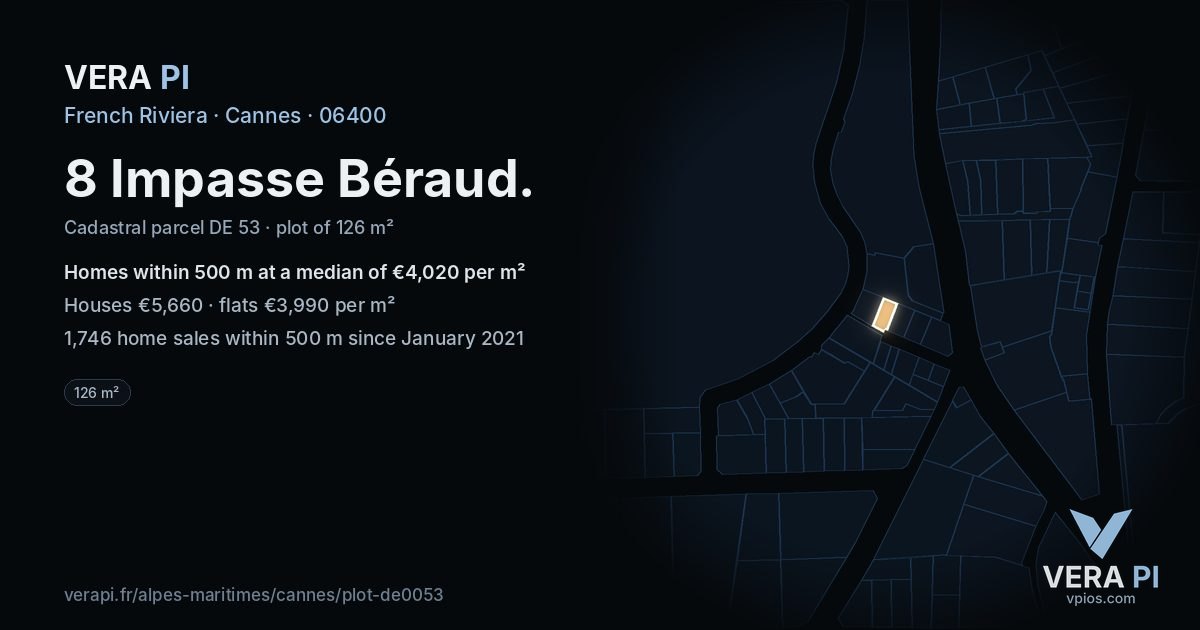 8 Impasse Béraud, Cannes at night – the plot lit, the parcels around coloured by the prices near them