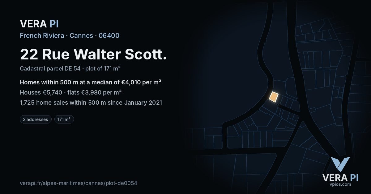 22 Rue Walter Scott, Cannes at night – the plot lit, the parcels around coloured by the prices near them