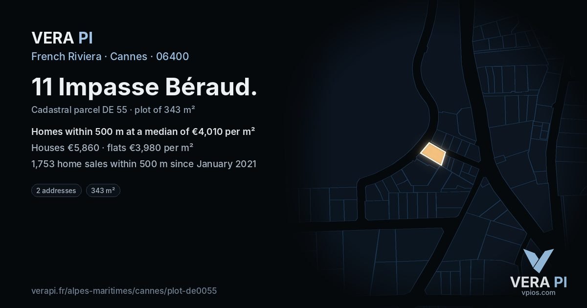 11 Impasse Béraud, Cannes at night – the plot lit, the parcels around coloured by the prices near them
