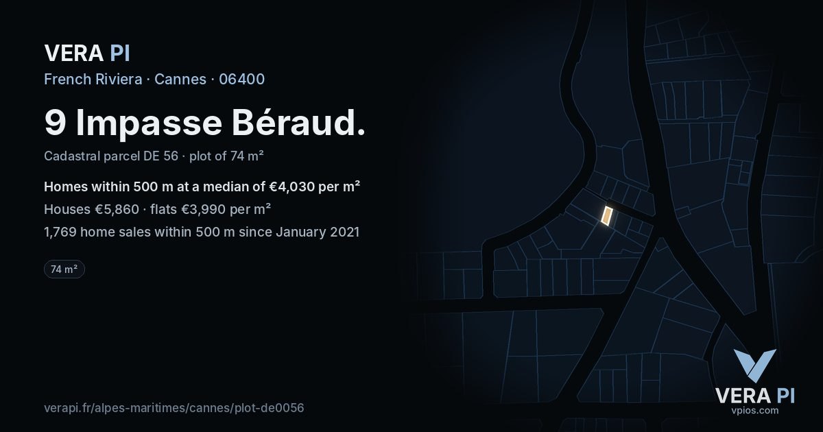 9 Impasse Béraud, Cannes at night – the plot lit, the parcels around coloured by the prices near them
