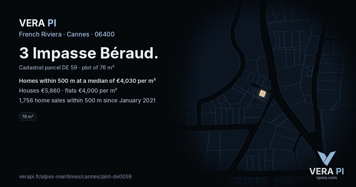 3 Impasse Béraud, Cannes at night – the plot lit, the parcels around coloured by the prices near them