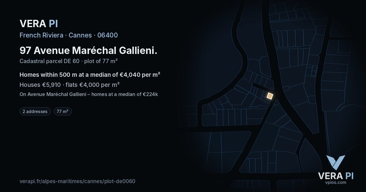 97 Avenue Maréchal Gallieni, Cannes at night – the plot lit, the parcels around coloured by the prices near them
