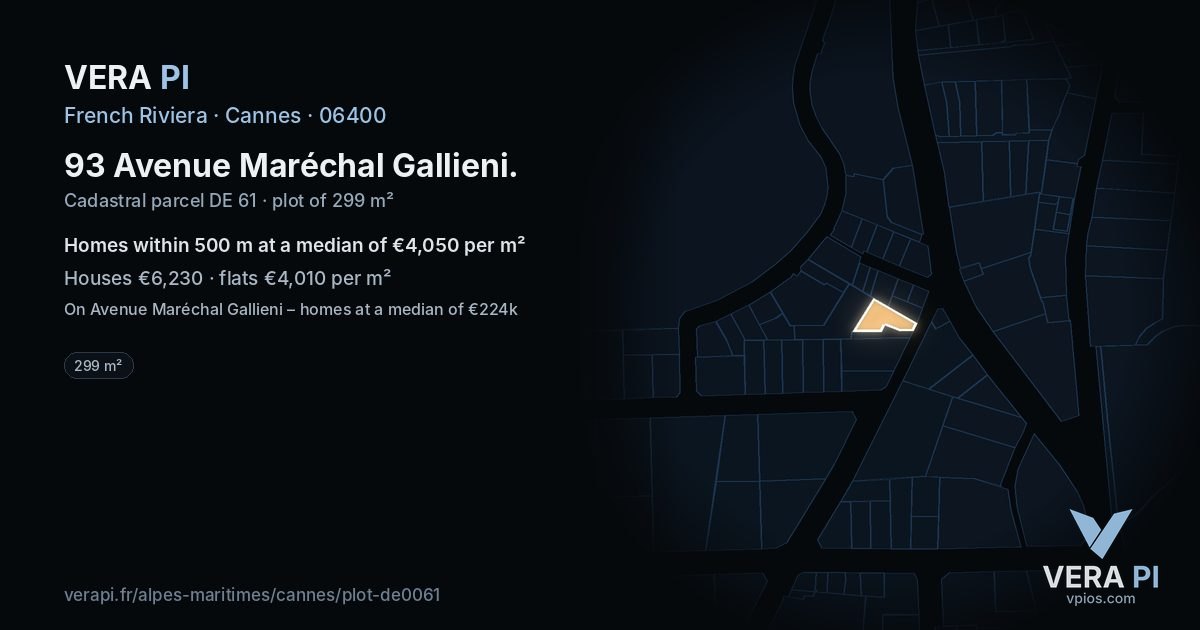 93 Avenue Maréchal Gallieni, Cannes at night – the plot lit, the parcels around coloured by the prices near them