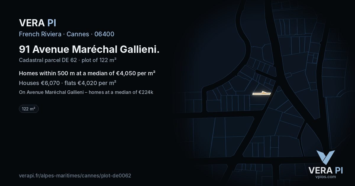 91 Avenue Maréchal Gallieni, Cannes at night – the plot lit, the parcels around coloured by the prices near them