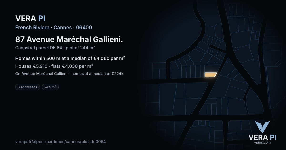 87 Avenue Maréchal Gallieni, Cannes at night – the plot lit, the parcels around coloured by the prices near them