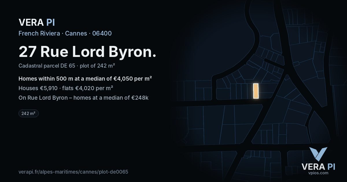 27 Rue Lord Byron, Cannes at night – the plot lit, the parcels around coloured by the prices near them