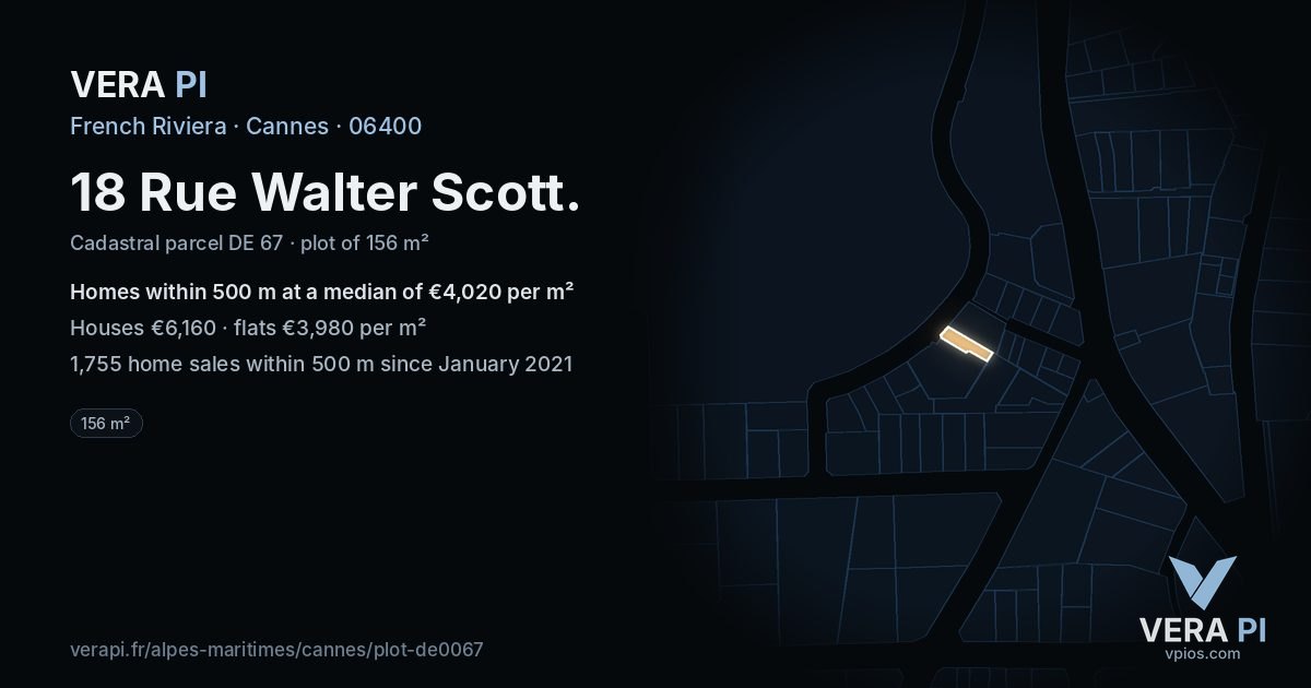 18 Rue Walter Scott, Cannes at night – the plot lit, the parcels around coloured by the prices near them