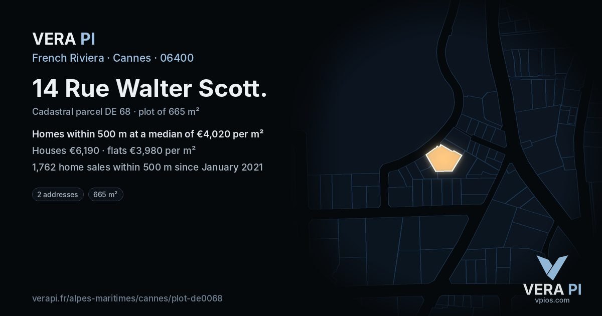 14 Rue Walter Scott, Cannes at night – the plot lit, the parcels around coloured by the prices near them
