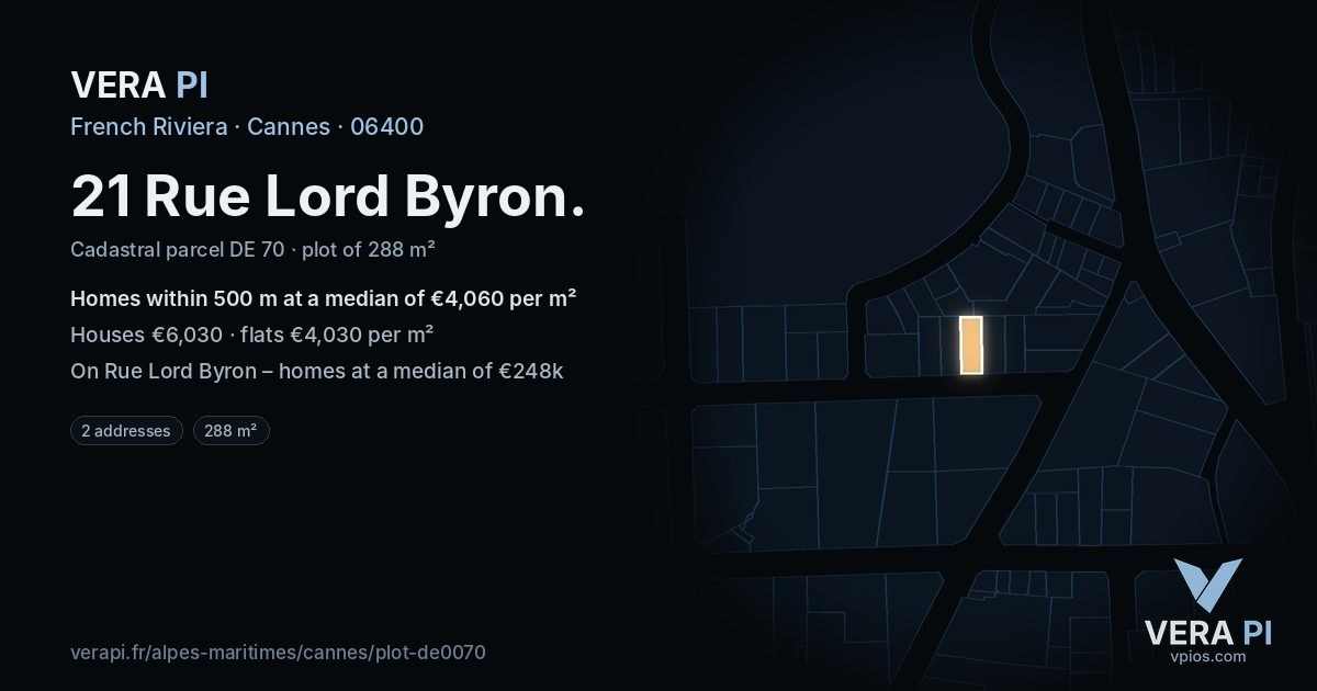 21 Rue Lord Byron, Cannes at night – the plot lit, the parcels around coloured by the prices near them
