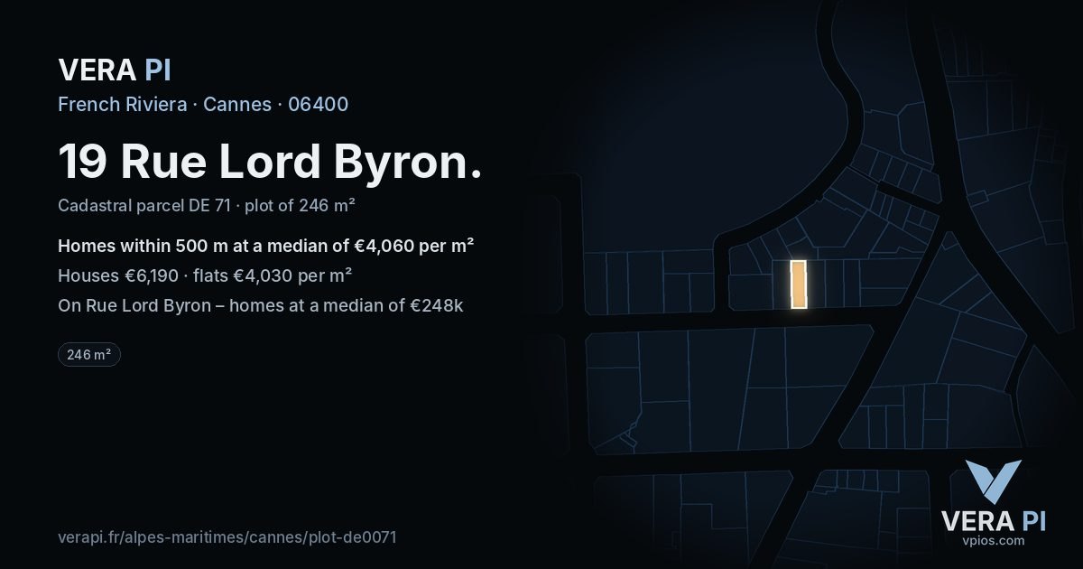 19 Rue Lord Byron, Cannes at night – the plot lit, the parcels around coloured by the prices near them