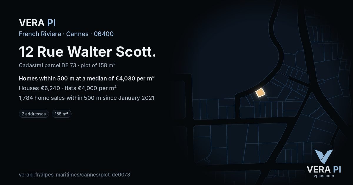 12 Rue Walter Scott, Cannes at night – the plot lit, the parcels around coloured by the prices near them