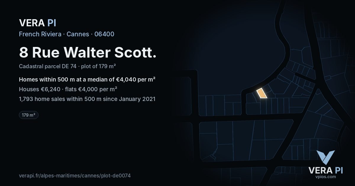 8 Rue Walter Scott, Cannes at night – the plot lit, the parcels around coloured by the prices near them