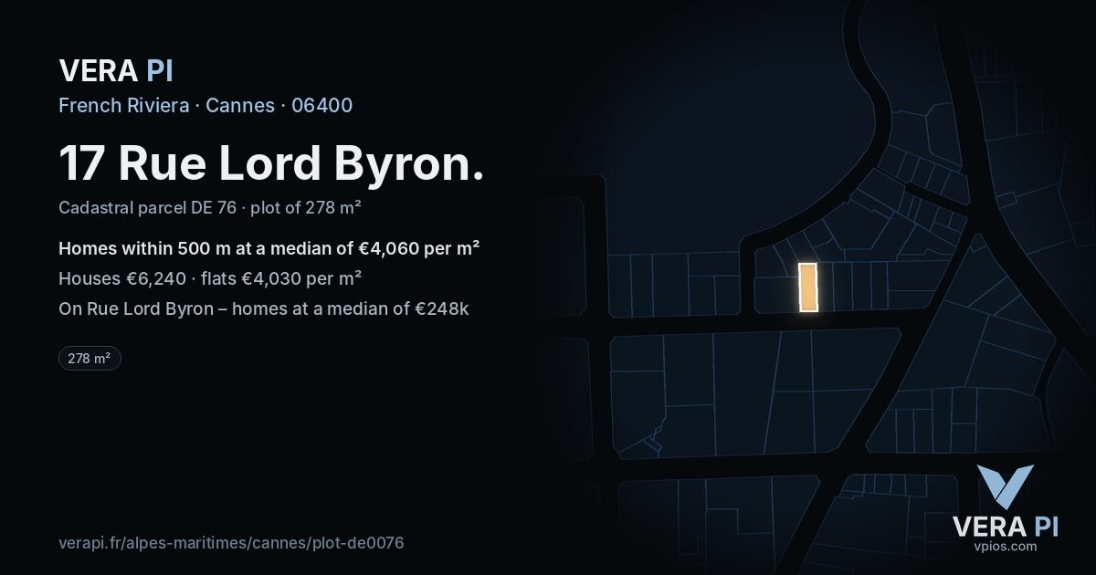 17 Rue Lord Byron, Cannes at night – the plot lit, the parcels around coloured by the prices near them