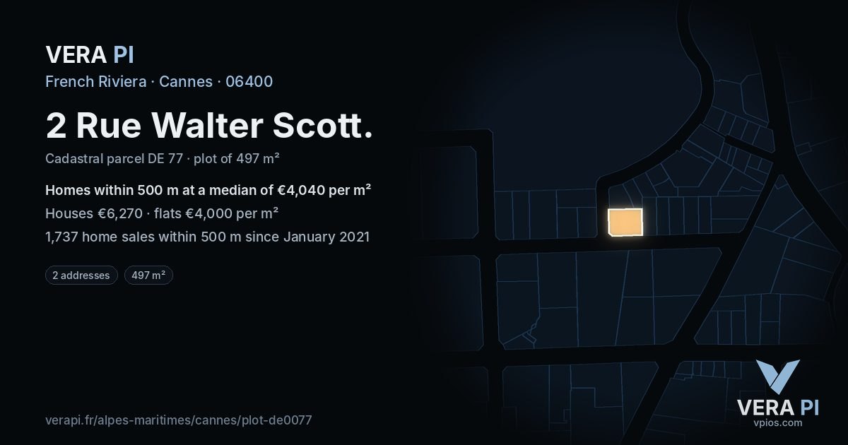 2 Rue Walter Scott, Cannes at night – the plot lit, the parcels around coloured by the prices near them