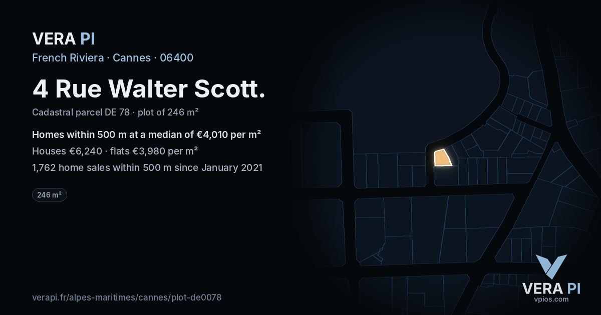 4 Rue Walter Scott, Cannes at night – the plot lit, the parcels around coloured by the prices near them