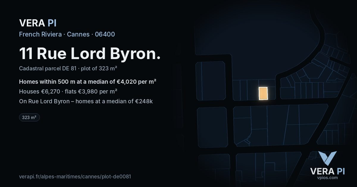 11 Rue Lord Byron, Cannes at night – the plot lit, the parcels around coloured by the prices near them