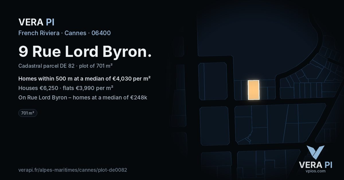 9 Rue Lord Byron, Cannes at night – the plot lit, the parcels around coloured by the prices near them