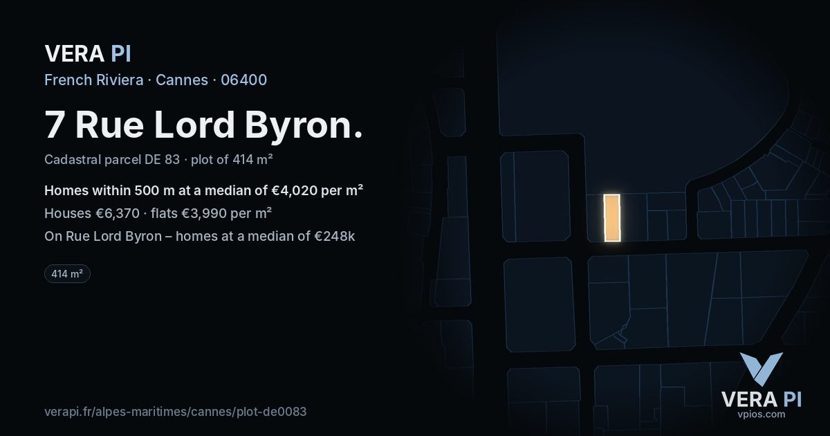 7 Rue Lord Byron, Cannes at night – the plot lit, the parcels around coloured by the prices near them