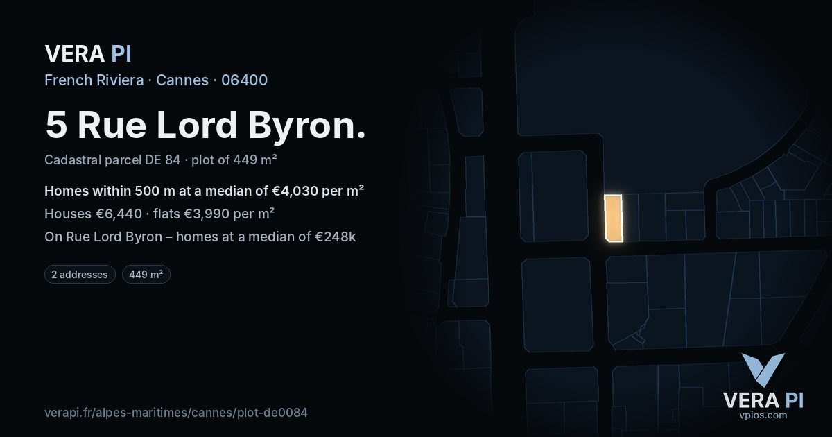 5 Rue Lord Byron, Cannes at night – the plot lit, the parcels around coloured by the prices near them