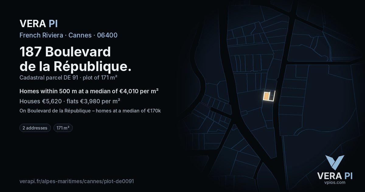 187 Boulevard de la République, Cannes at night – the plot lit, the parcels around coloured by the prices near them