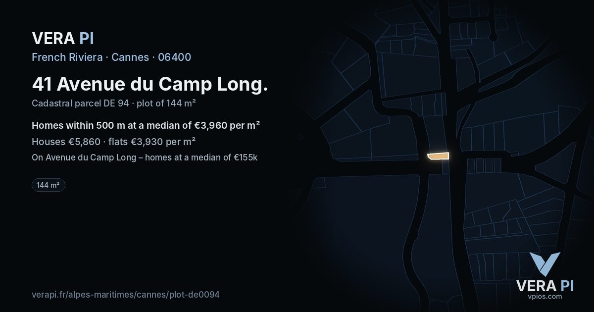41 Avenue du Camp Long, Cannes at night – the plot lit, the parcels around coloured by the prices near them