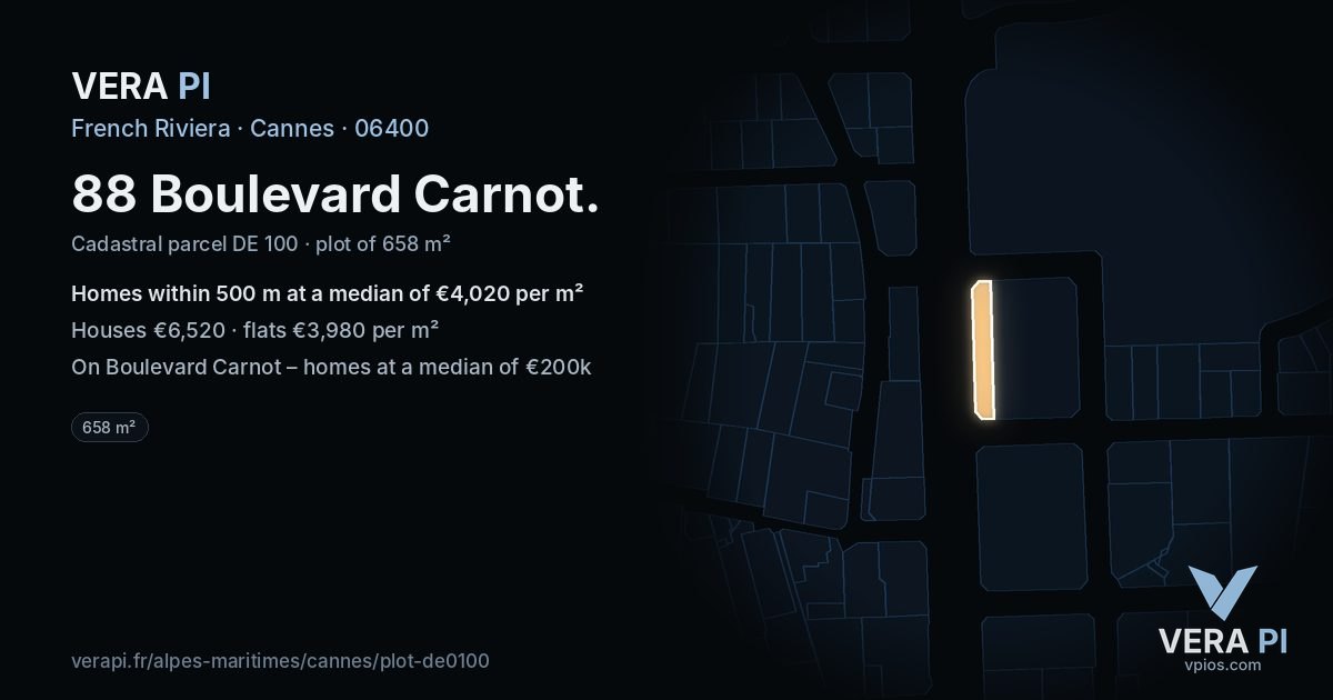 88 Boulevard Carnot, Cannes at night – the plot lit, the parcels around coloured by the prices near them