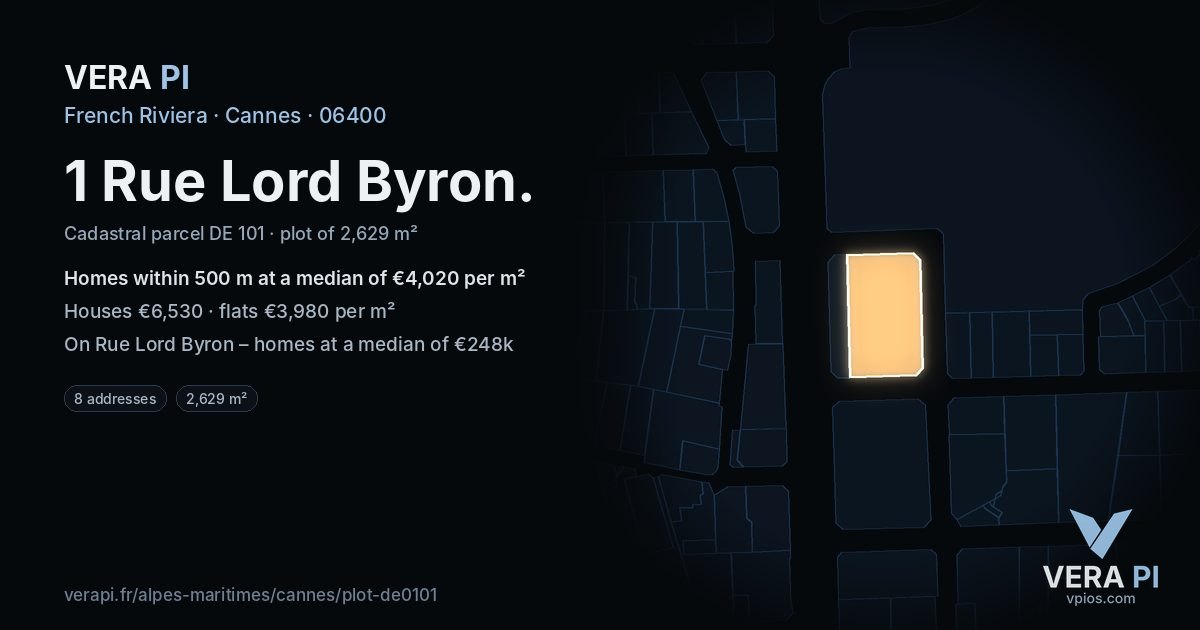 1 Rue Lord Byron, Cannes at night – the plot lit, the parcels around coloured by the prices near them