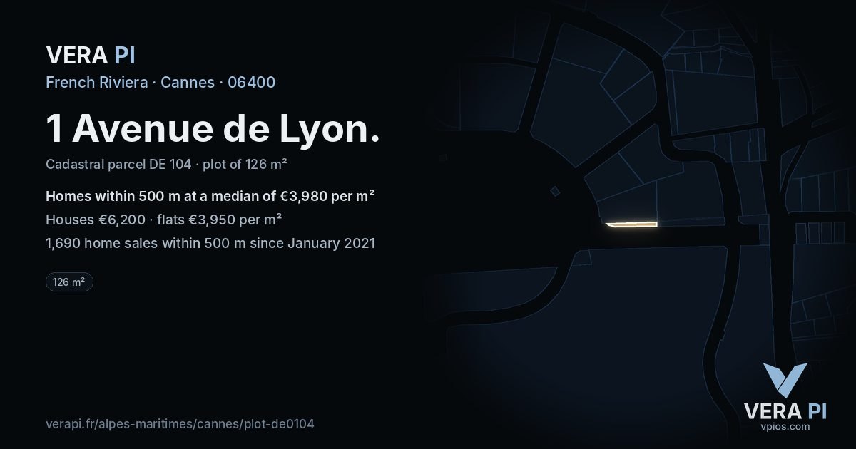 1 Avenue de Lyon, Cannes at night – the plot lit, the parcels around coloured by the prices near them
