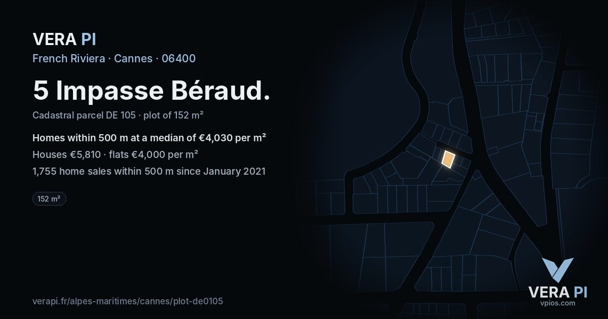 5 Impasse Béraud, Cannes at night – the plot lit, the parcels around coloured by the prices near them