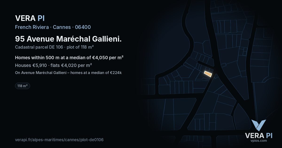 95 Avenue Maréchal Gallieni, Cannes at night – the plot lit, the parcels around coloured by the prices near them