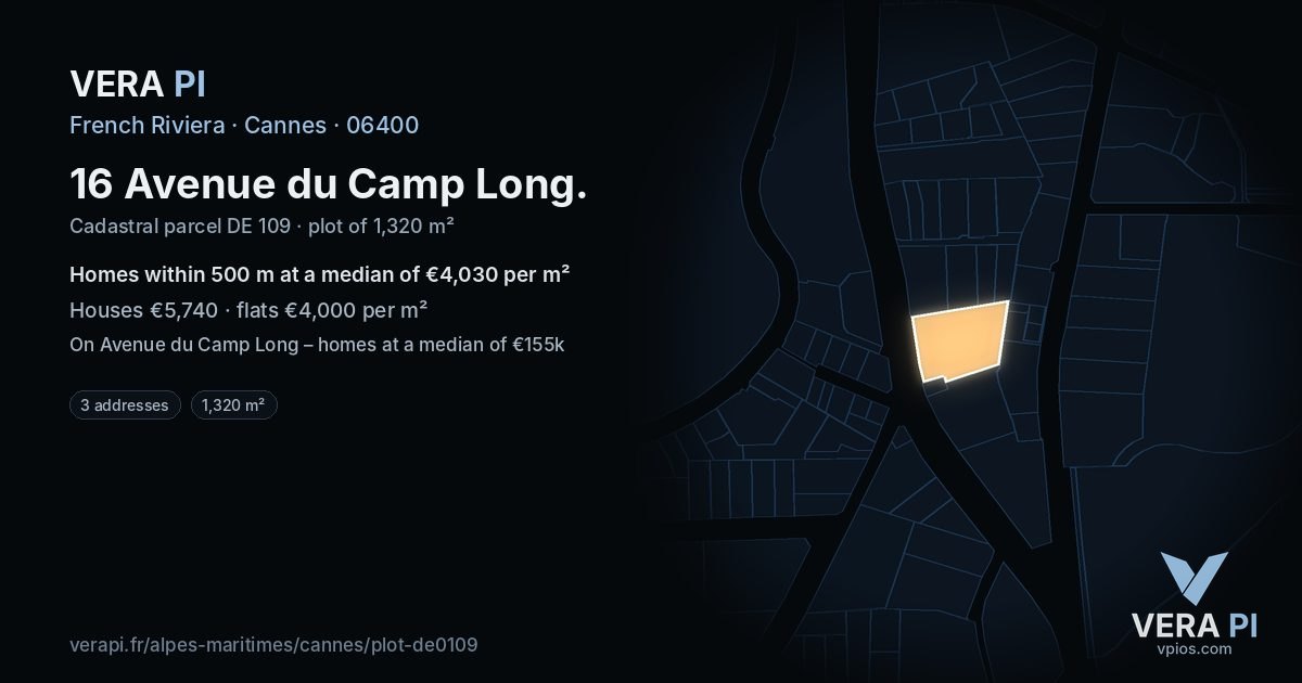 16 Avenue du Camp Long, Cannes at night – the plot lit, the parcels around coloured by the prices near them