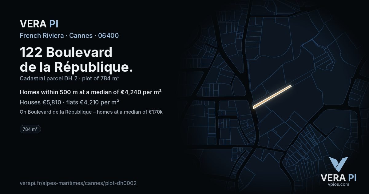 122 Boulevard de la République, Cannes at night – the plot lit, the parcels around coloured by the prices near them