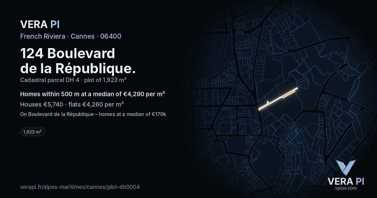 124 Boulevard de la République, Cannes at night – the plot lit, the parcels around coloured by the prices near them