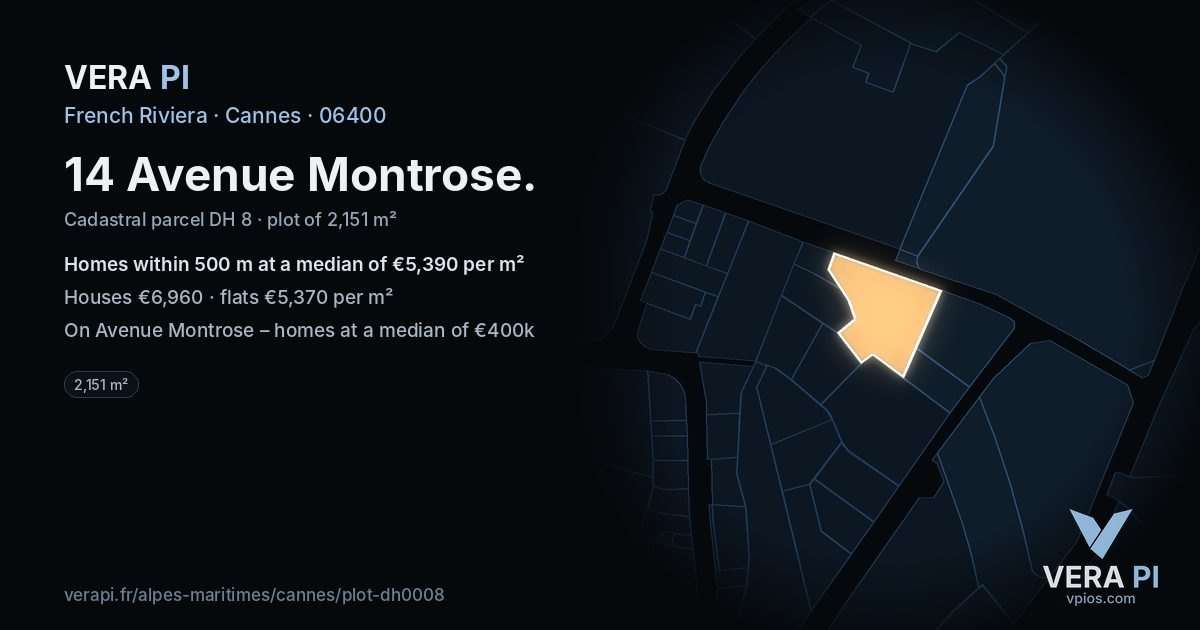14 Avenue Montrose, Cannes at night – the plot lit, the parcels around coloured by the prices near them