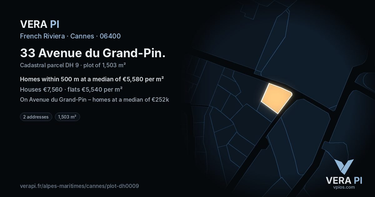33 Avenue du Grand-Pin, Cannes at night – the plot lit, the parcels around coloured by the prices near them