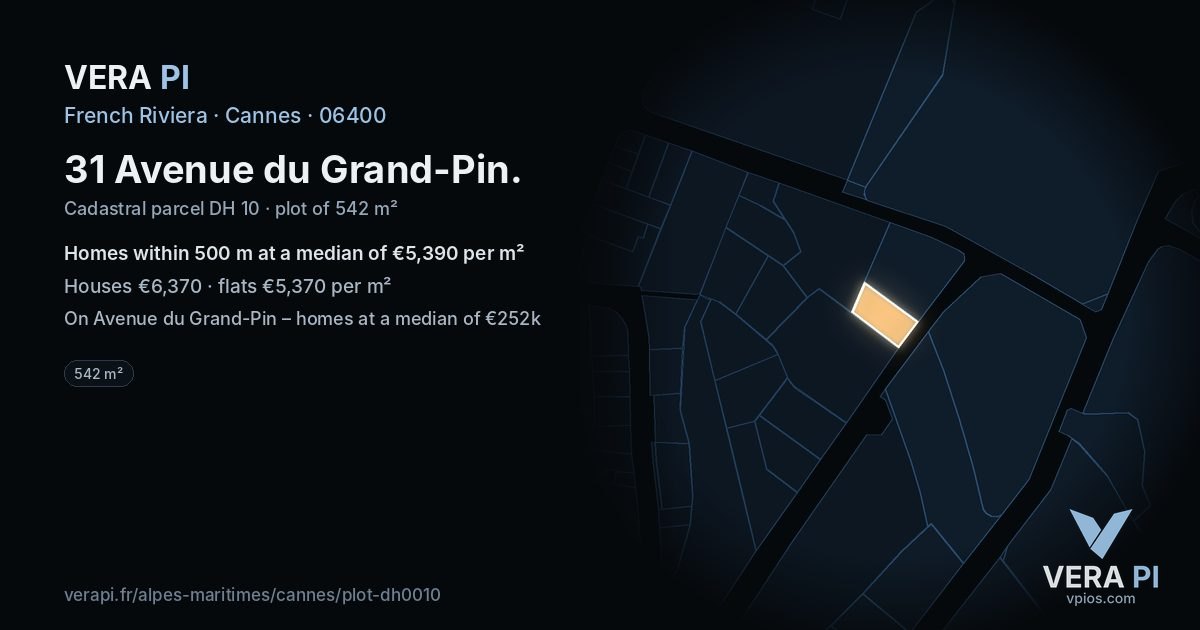 31 Avenue du Grand-Pin, Cannes at night – the plot lit, the parcels around coloured by the prices near them