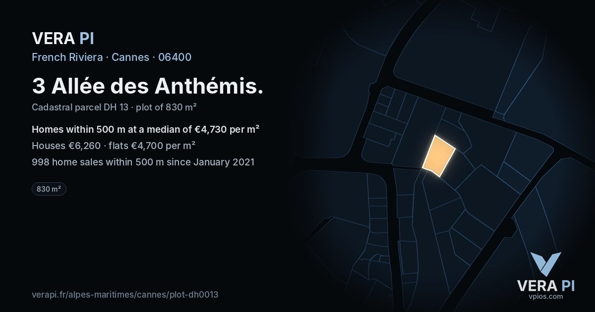 3 Allée des Anthémis, Cannes at night – the plot lit, the parcels around coloured by the prices near them