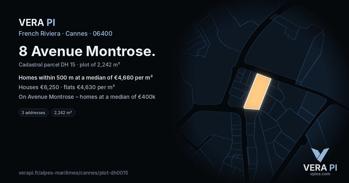 8 Avenue Montrose, Cannes at night – the plot lit, the parcels around coloured by the prices near them