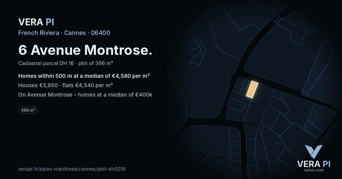 6 Avenue Montrose, Cannes at night – the plot lit, the parcels around coloured by the prices near them