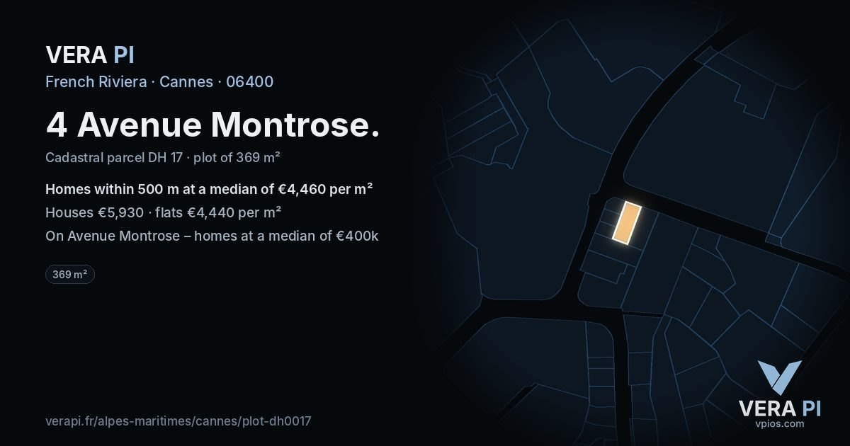 4 Avenue Montrose, Cannes at night – the plot lit, the parcels around coloured by the prices near them