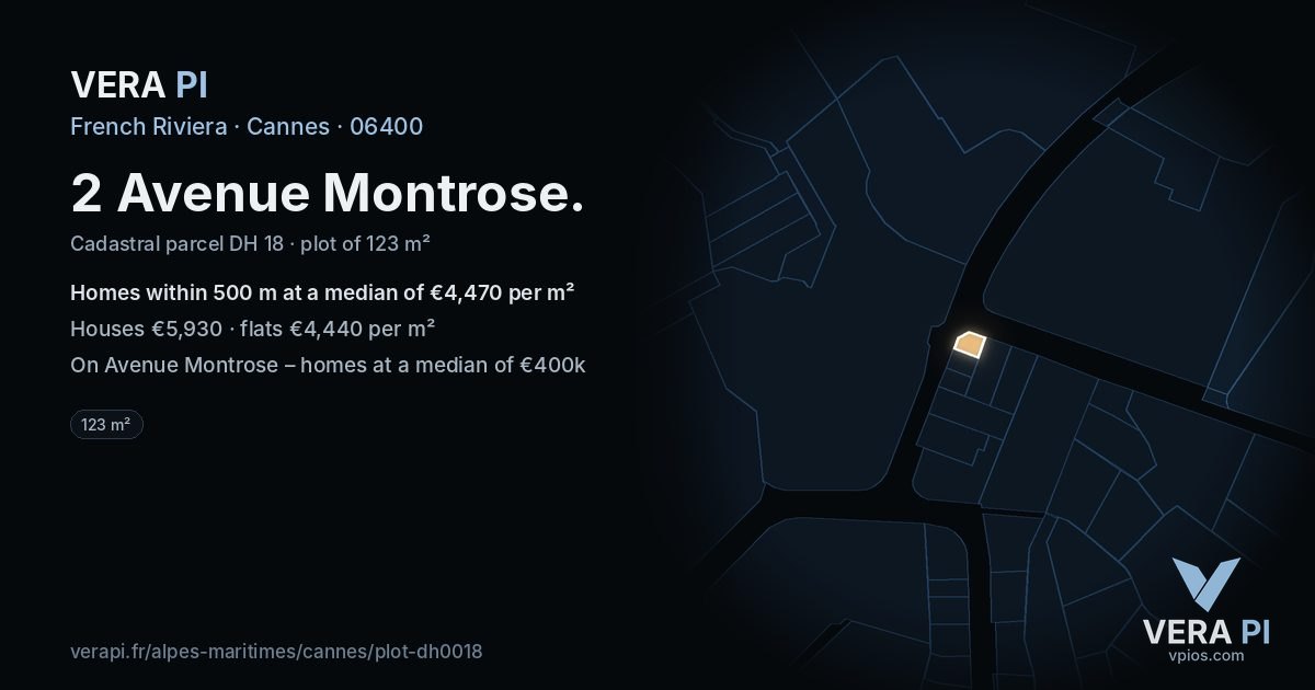 2 Avenue Montrose, Cannes at night – the plot lit, the parcels around coloured by the prices near them